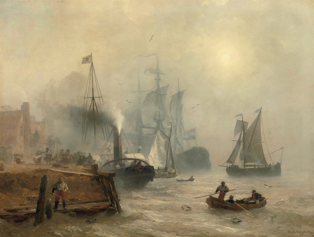 A Moored Steamer at a Busy Quay, vintage artwork by Andreas Achenbach, A3 (16x12") Poster Print