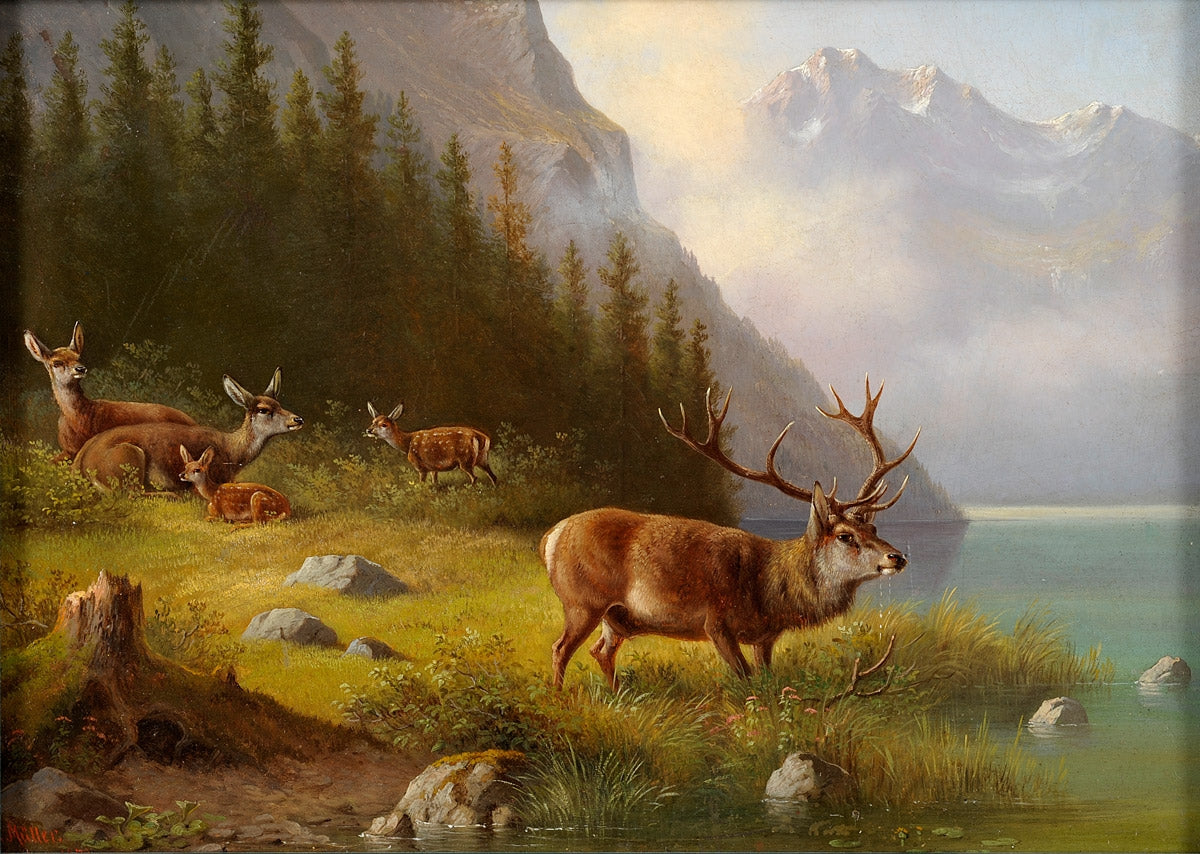 Deer on a Lake, vintage artwork by Moritz Muller, 12x8" (A4) Poster
