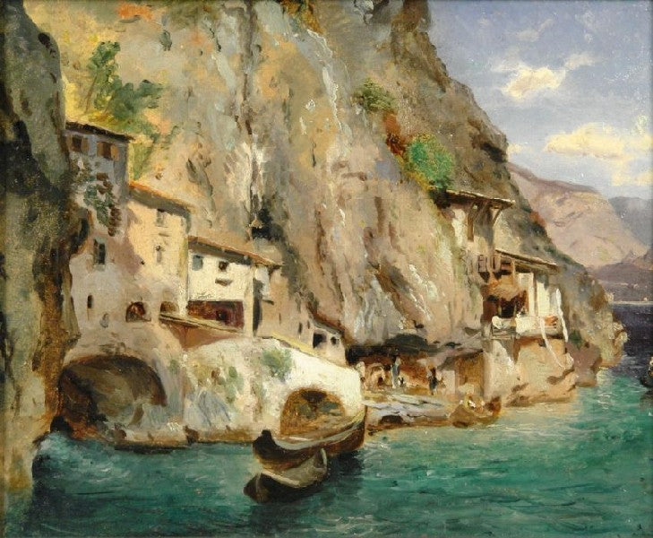 Fisher Huts at a Cliff Line, vintage artwork by Oswald Achenbach, 12x8" (A4) Poster