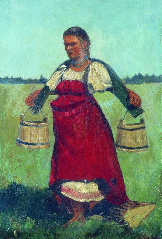 Peasant Woman with Buckets, vintage artwork by Alexei Korzukhin, 12x8" (A4) Poster