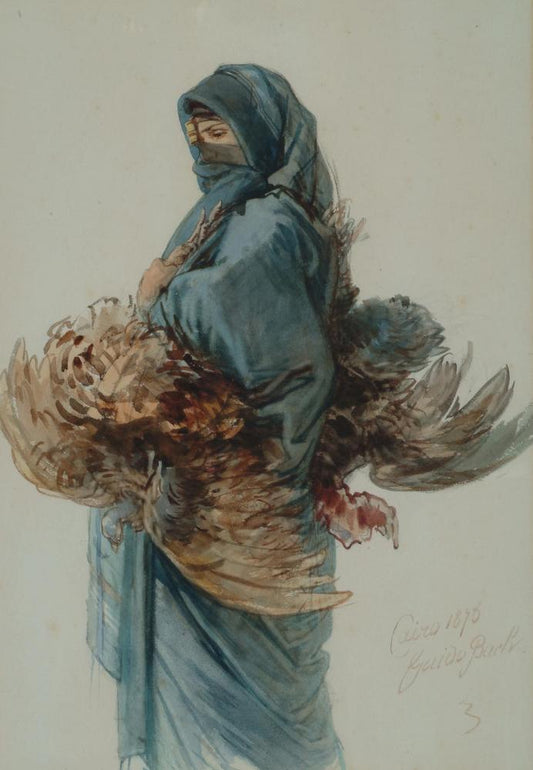 An Egyptian Woman Carrying a Brace of Chickens, Cairo, vintage artwork by Guido Bach, 12x8" (A4) Poster