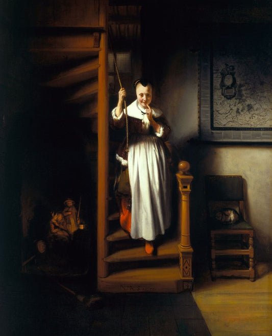 The Listening Housewife, vintage artwork by Nicolaes Maes, 12x8" (A4) Poster
