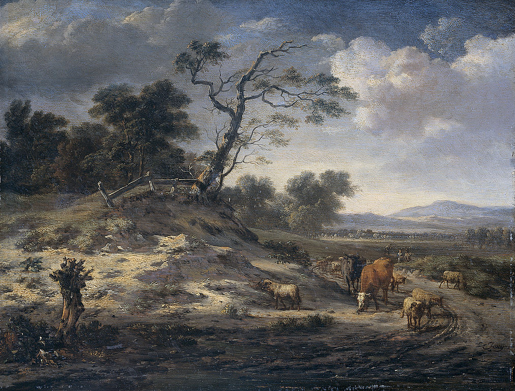 Landscape with Cattle on a Country Road, vintage artwork by Jan Wijnants, 12x8" (A4) Poster