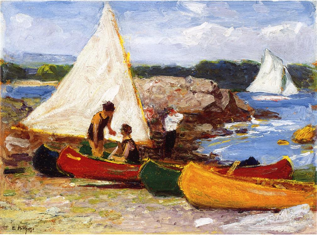 Canoes and Sailboats, vintage artwork by Edward Henry Potthast, 12x8" (A4) Poster