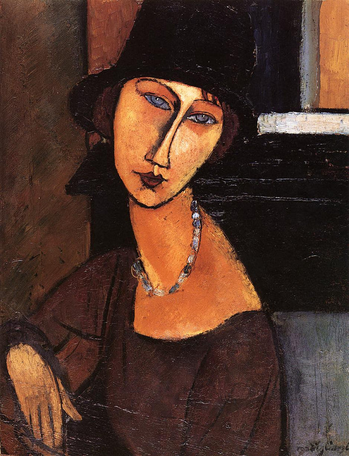 Jeanne Hebuterne with Hat and Necklace, vintage artwork by Amedeo Modigliani, 12x8