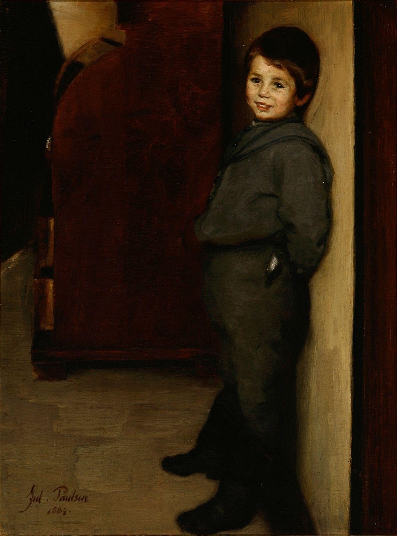 Smiling boy at a wall, vintage artwork by Julius Paulsen, 12x8" (A4) Poster