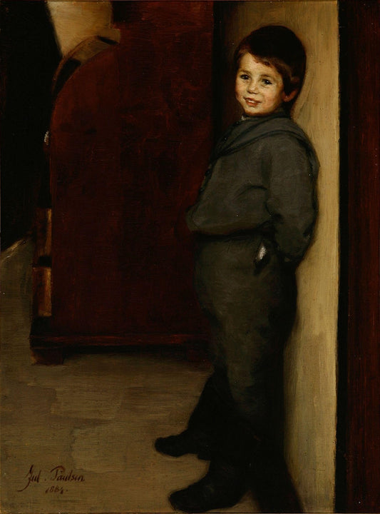 Smiling boy at a wall, vintage artwork by Julius Paulsen, 12x8" (A4) Poster