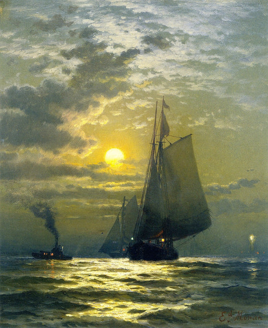 Sailing by  Moonlight, New York Harbor, vintage artwork by Edward Moran, 12x8" (A4) Poster