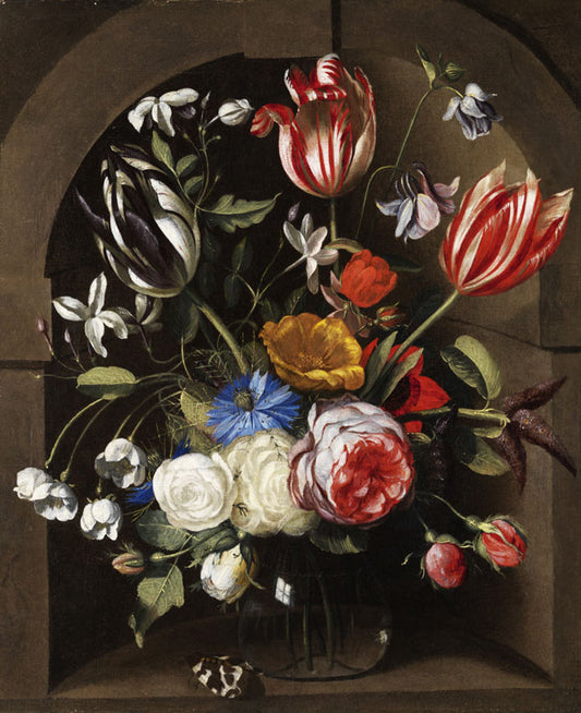 Flowers in a Stone Niche, vintage artwork by Johannes van der Baren, 12x8" (A4) Poster