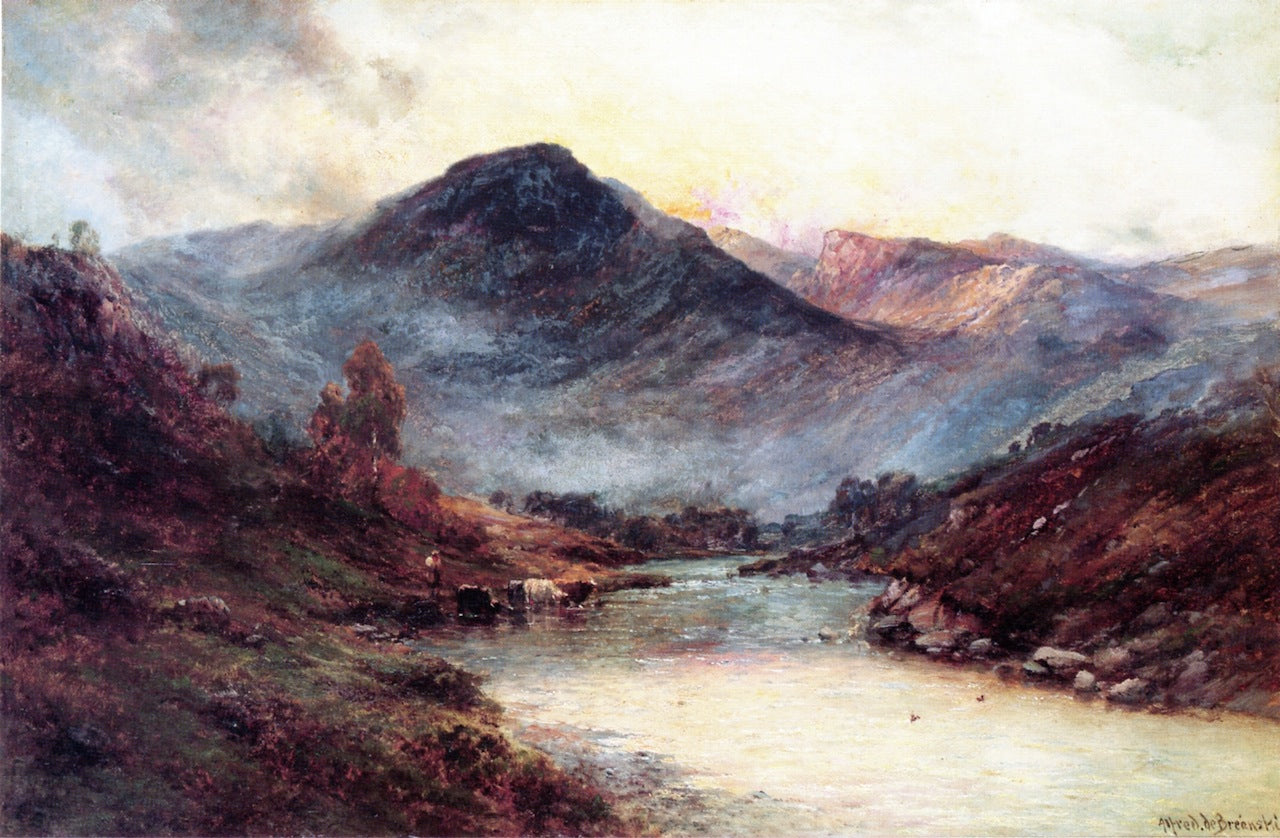 Sunset in the Highlands, vintage artwork by Alfred de Breanski, Sr., 12x8" (A4) Poster