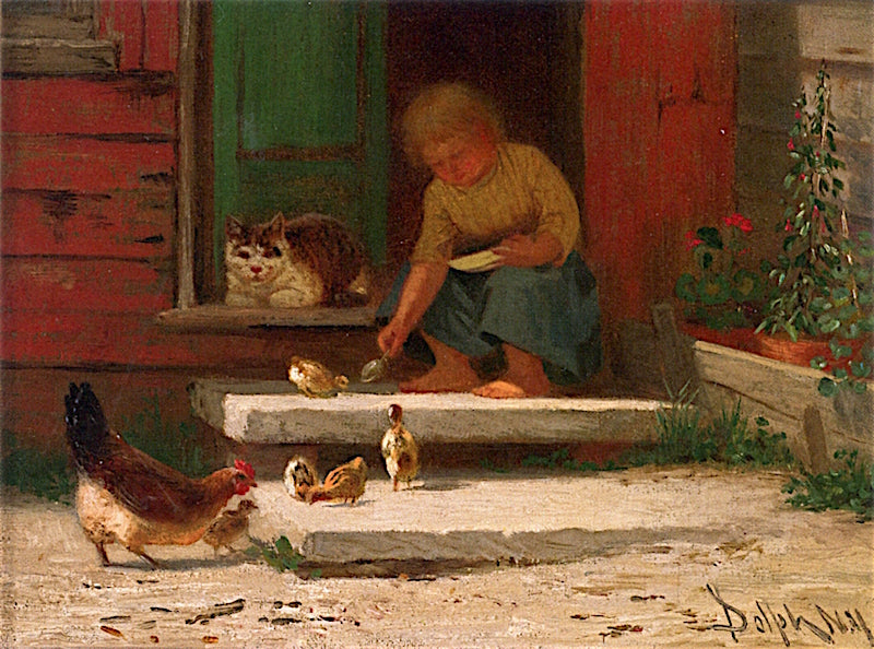 Feeding the Chickens, vintage artwork by John Henry Dolph, 12x8" (A4) Poster