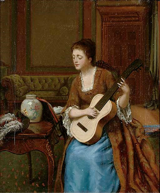 A young lady playing a guitar, vintage artwork by British School 19th Century - Unknown, A3 (16x12") Poster Print