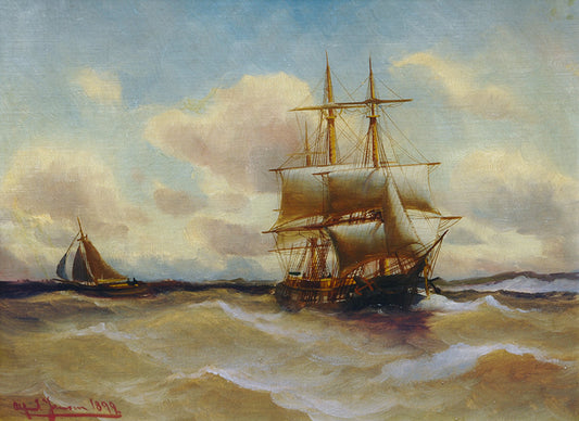 Barque on Choppy Sea, vintage artwork by Alfred Jensen, 12x8" (A4) Poster