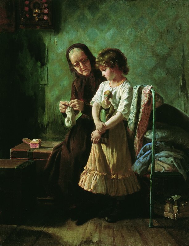 Grandmother and Granddaughter, vintage artwork by Alexei Korzukhin, 12x8" (A4) Poster