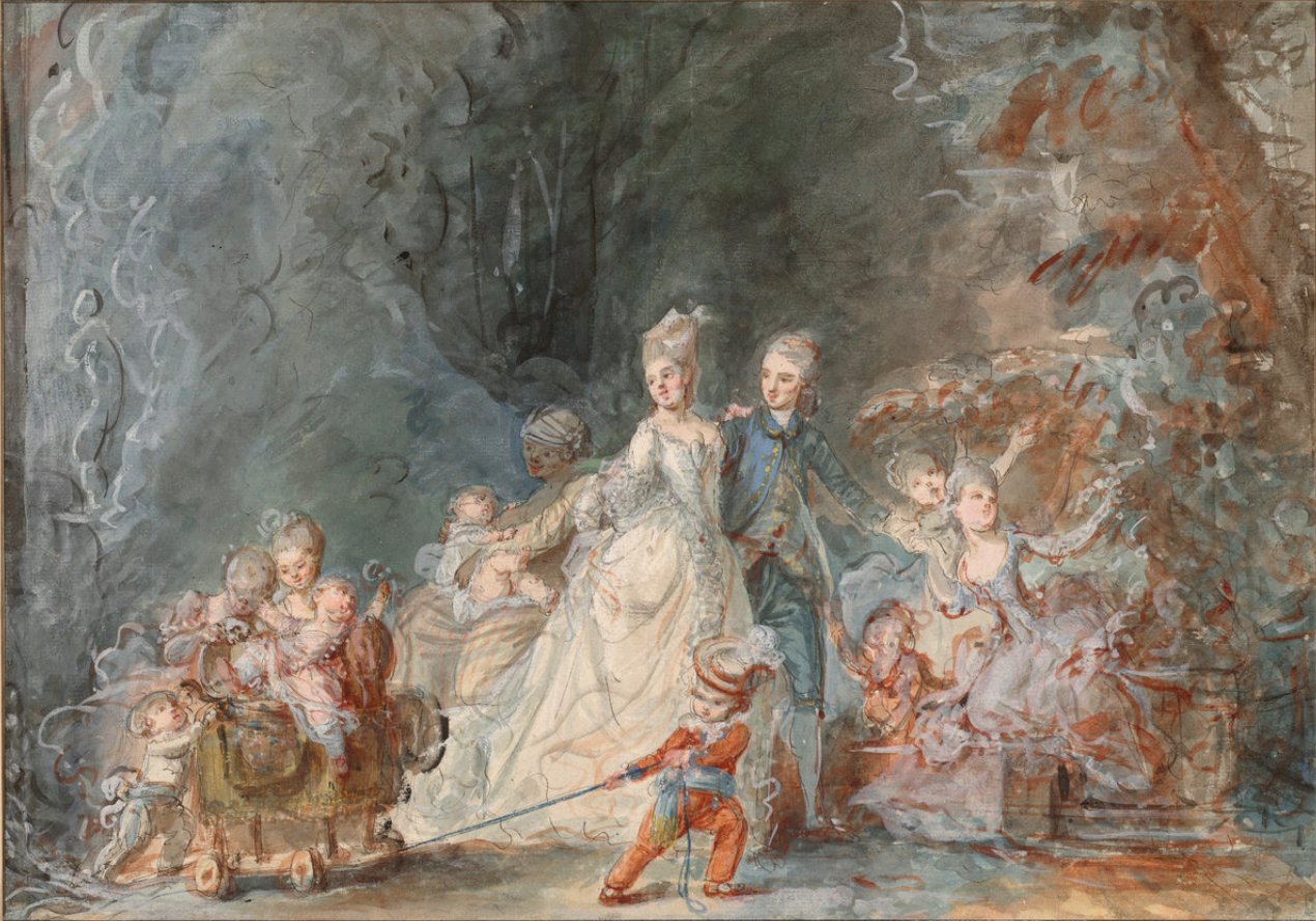 Family Promenade in the Park, vintage artwork by Pierre Antoine Baudouin, 12x8" (A4) Poster