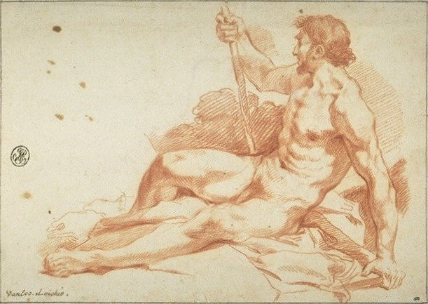 Study of a Sitting Man Holding a Staff, vintage artwork by Jean-Baptiste Van Loo, 12x8" (A4) Poster