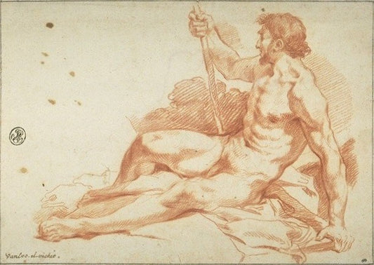 Study of a Sitting Man Holding a Staff, vintage artwork by Jean-Baptiste Van Loo, 12x8" (A4) Poster