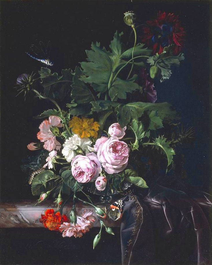 Peonies, Carnations, Thistles and other Flowers in a Glass Vase, vintage artwork by Willem van Aelst, 12x8" (A4) Poster