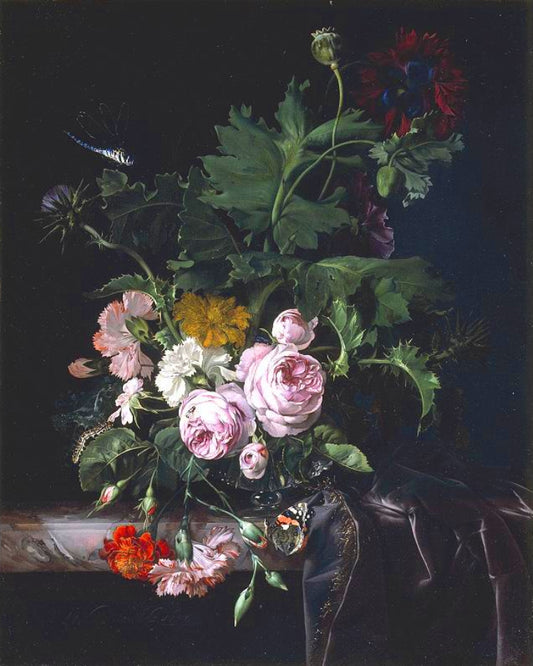 Peonies, Carnations, Thistles and other Flowers in a Glass Vase, vintage artwork by Willem van Aelst, 12x8" (A4) Poster