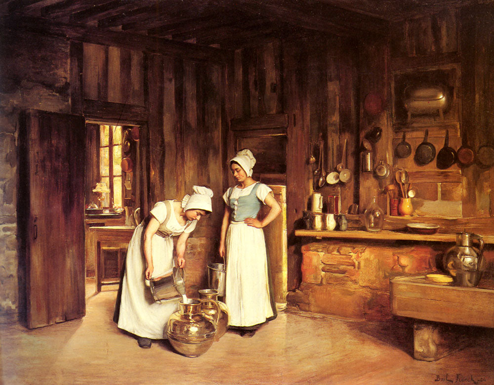 Two Milkmaids, vintage artwork by Franck Antoine Bail, 12x8" (A4) Poster
