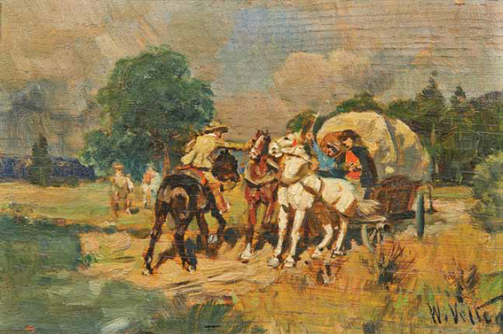 A Scene with Coach and Rider, vintage artwork by Wilhеlm Vеltеn, 12x8" (A4) Poster