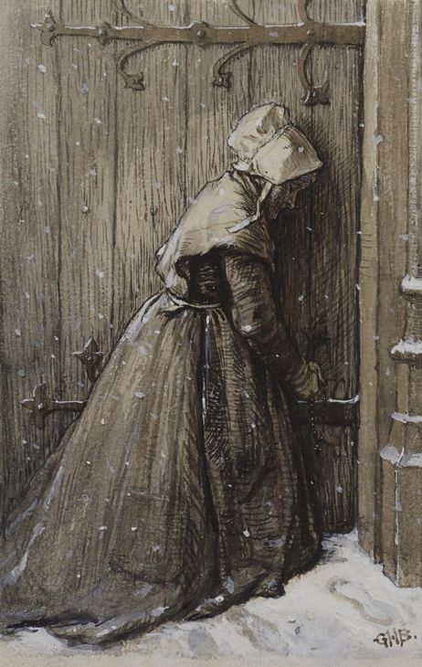 Woman at Church Door, vintage artwork by George Henry Boughton, 12x8" (A4) Poster