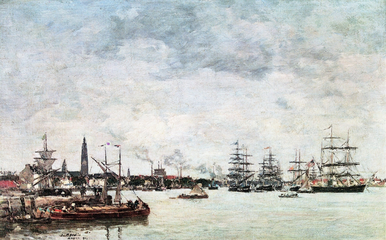 Antwerp, Boats on the Scheldt, vintage artwork by Eugène-Louis Boudin, 12x8" (A4) Poster