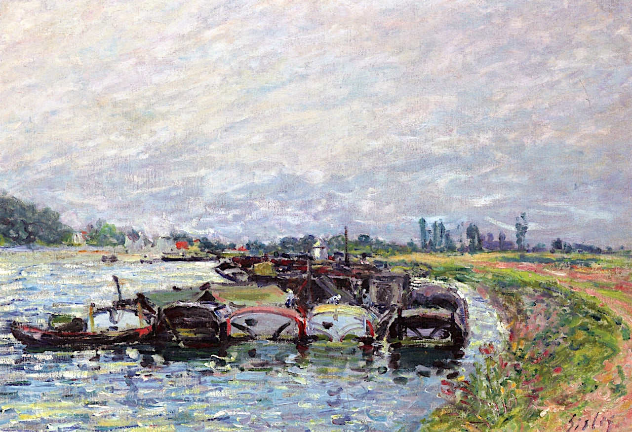 Barge Garage at Saint-Mammes, vintage artwork by Alfred Sisley, 12x8" (A4) Poster