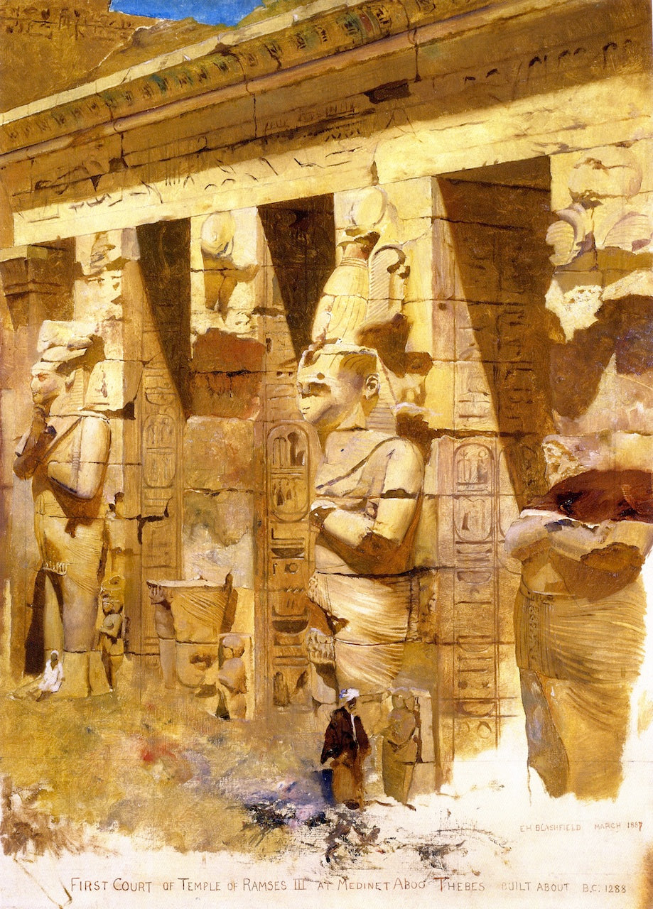 First Court of Temple of Ramses III, Medinet Aboo, vintage artwork by Edwin Howland Blashfield, 12x8" (A4) Poster