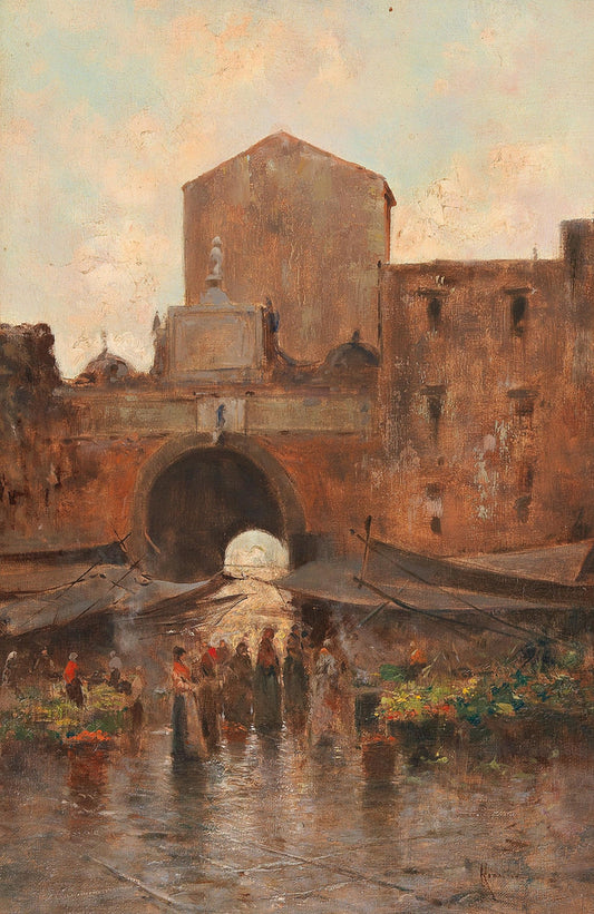 Market Scene in Naples, vintage artwork by Oscar Ricciardi, 12x8" (A4) Poster
