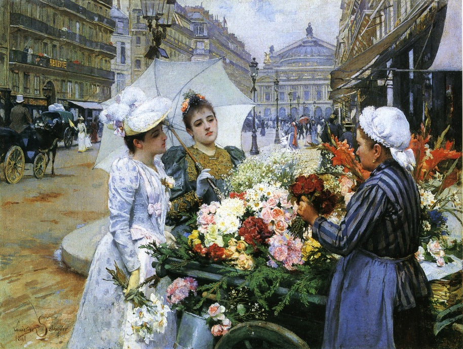 The Flower Seller, Avenue de L'Opera, Paris, vintage artwork by Louis Marie de Schryver, 12x8" (A4) Poster