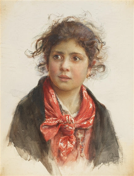 Portrait of a Shy Girl in a Red Kerchief and Tousled Curls, vintage artwork by Ludwig Johann Passini, 12x8" (A4) Poster