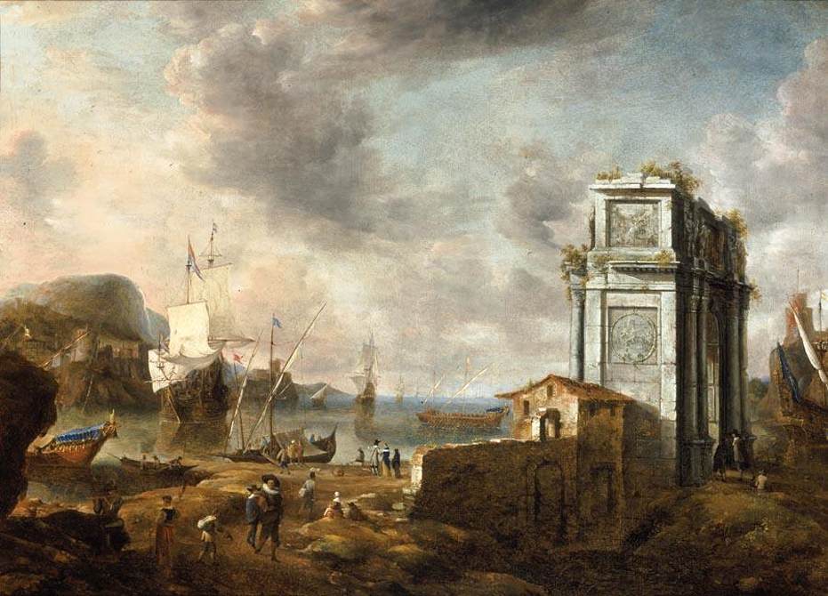 Capriccio of a Mediterranean Harbour, vintage artwork by Jan Abrahamsz Beerstraten, 12x8" (A4) Poster