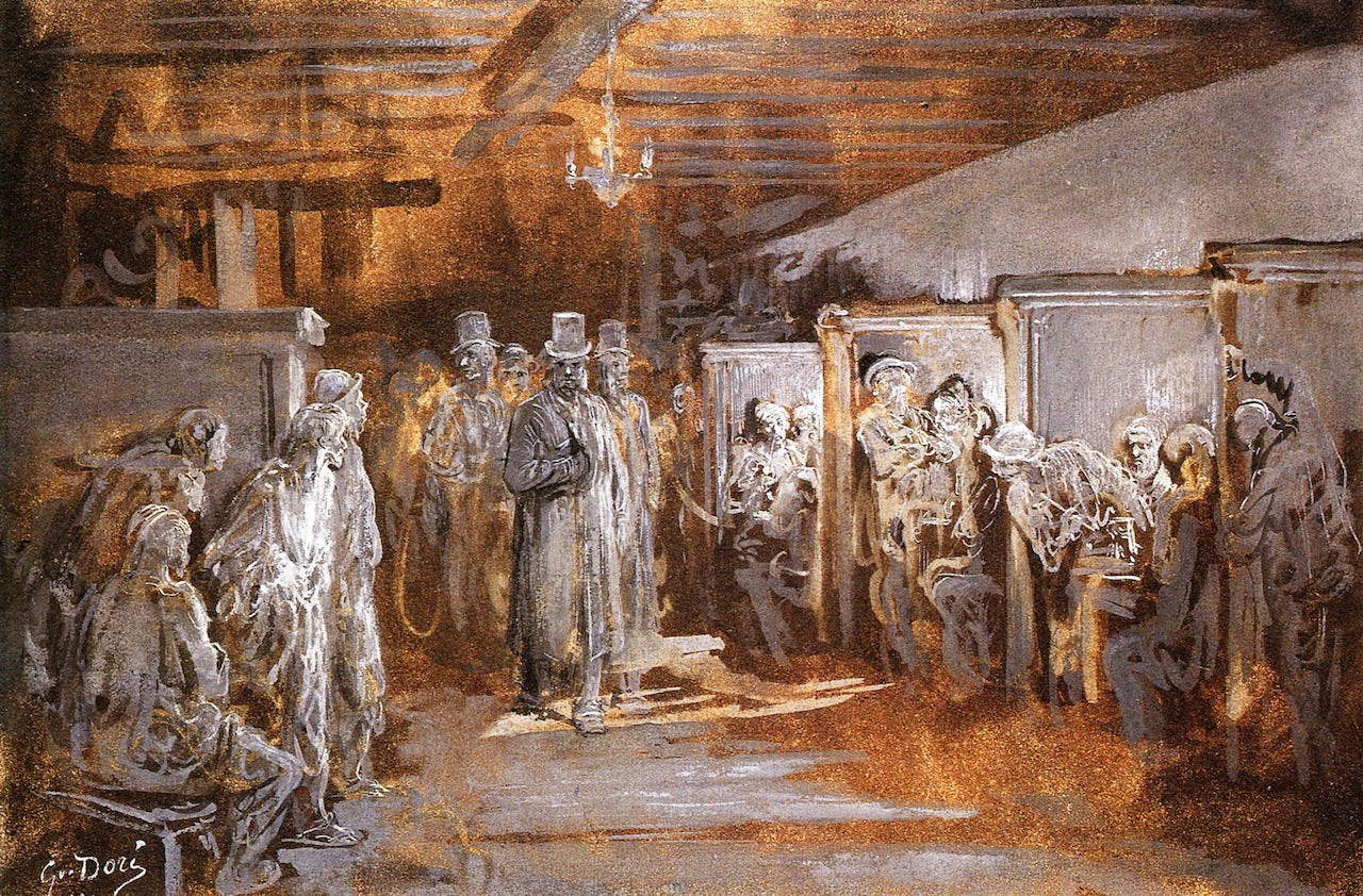 Tavern in Whitechapel, vintage artwork by Gustave Dore, 12x8" (A4) Poster