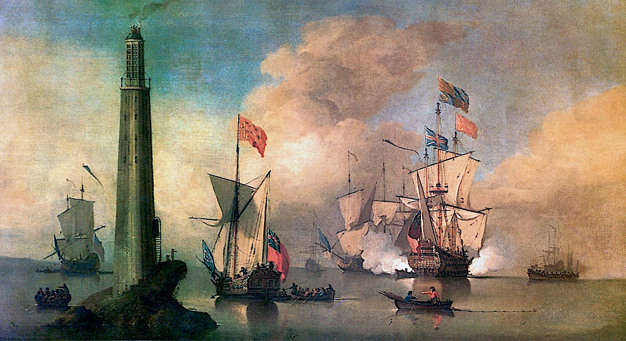 The Second Eddystone Lighthouse, 1709 - 1755, Known as Rodyard's Tower, vintage artwork by Peter Monamy, 12x8" (A4) Poster
