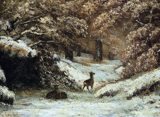 Deer Taking Shelter in Winter, vintage artwork by Gustave Courbet, A3 (16x12") Poster Print