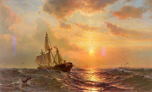 Ships at Sunset, vintage artwork by Mauritz F. H. De Haas, 12x8" (A4) Poster