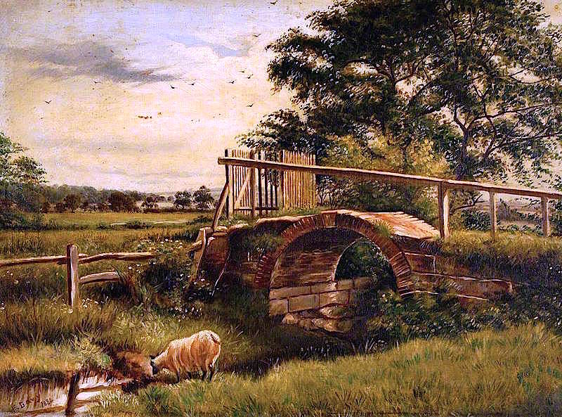 Landscape with Sheep and a Bridge, vintage artwork by Frederick Davy, 12x8" (A4) Poster
