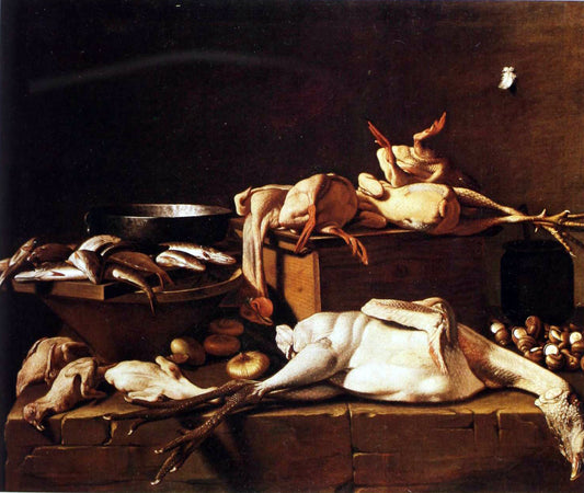 Kitchen Still Life with Poultry and Snails, vintage artwork by Evaristo Baschenis, 12x8" (A4) Poster