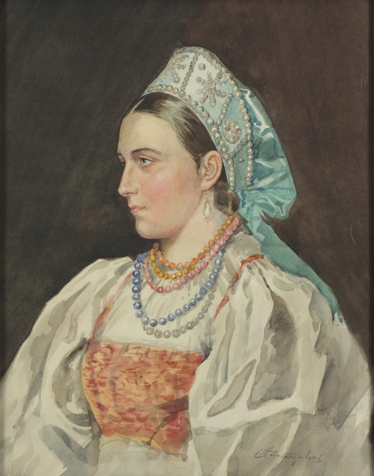 Russian Woman in Traditional Costume, vintage artwork by Stepan Fedorivich Alexandrovsky, 12x8" (A4) Poster