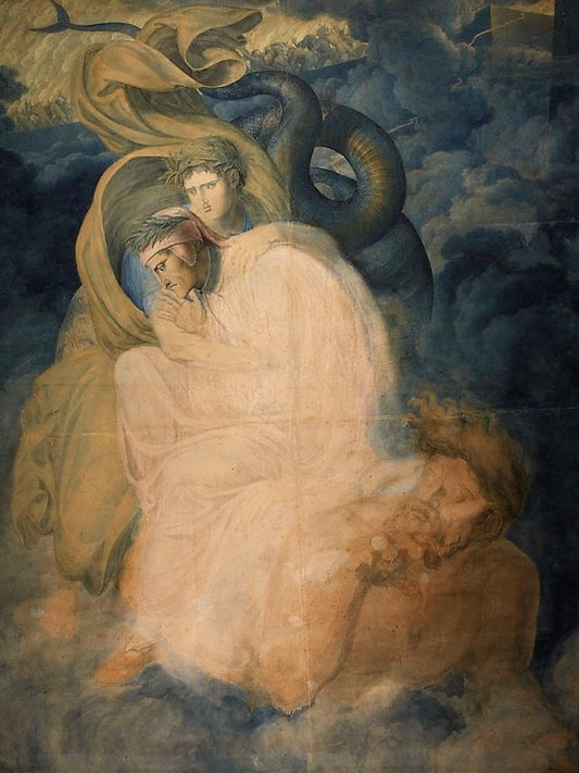 Dante and Virgil Carried by  the Monster Geryon, vintage artwork by Joseph Anton Koch, 12x8" (A4) Poster