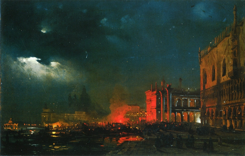 Night Festival on the Molo di San Marco upon the Feast Day of the Archduke Massimiliano d'Asborgo, vintage artwork by Ippolito Caffi, A3 (16x12") Poster Print