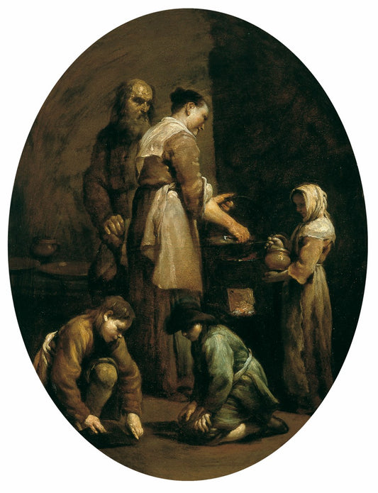 Interior with a Family of Peasants, vintage artwork by Giuseppe Maria Crespi, 12x8" (A4) Poster