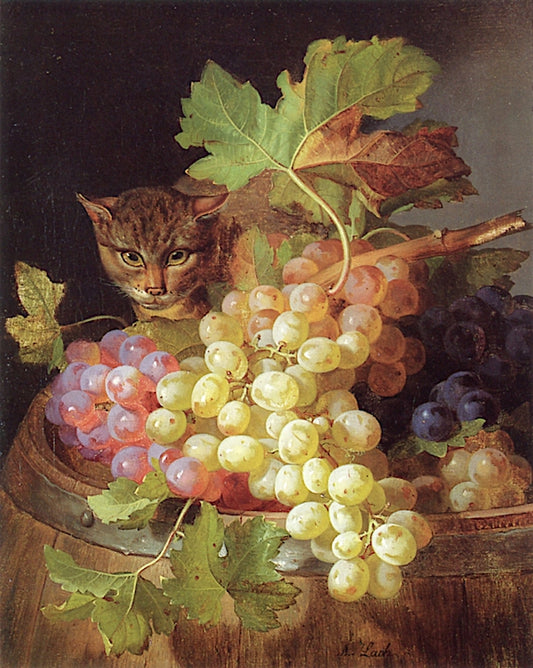 Cat being a Barrel with Grapes, vintage artwork by Andreas Lach, A3 (16x12") Poster Print