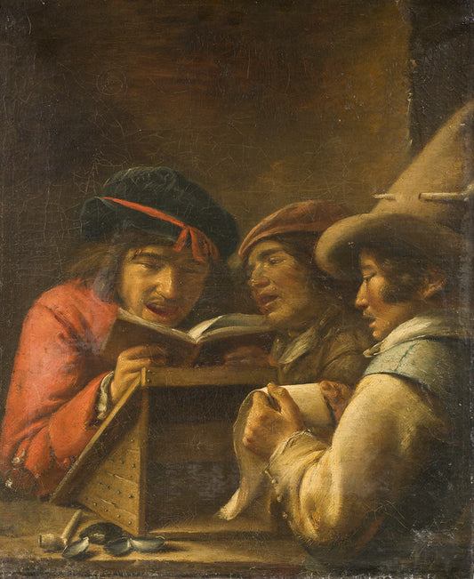 Three young men making music, vintage artwork by Joos van Craesbeeck, 12x8" (A4) Poster