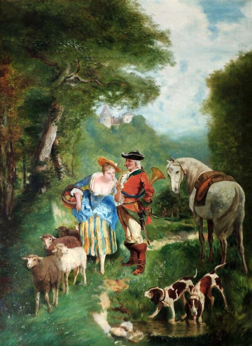 Hunter and shepherdess, vintage artwork by Theodore Levigne, 12x8" (A4) Poster