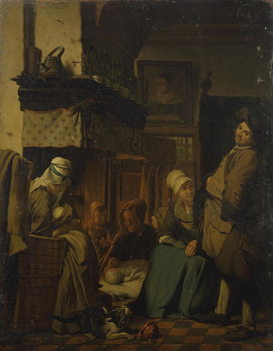 Genre scene around the fireplace, vintage artwork by Jan Josef Horemans the Elder, 12x8" (A4) Poster
