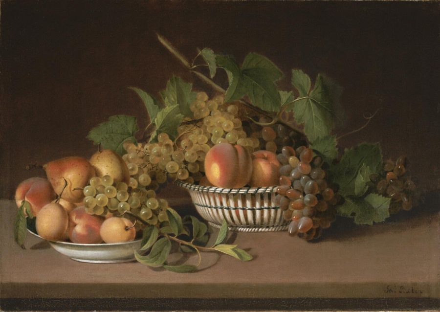 Still Life - Pears, Peaches and Grapes, vintage artwork by James Peale, 12x8" (A4) Poster