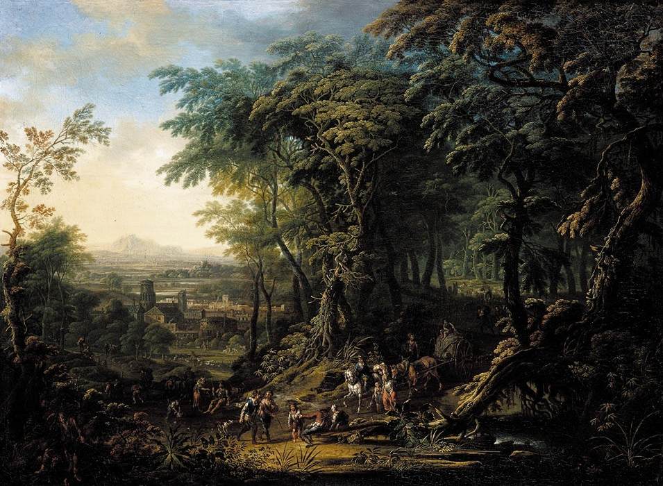 Travellers on a Forest Road, vintage artwork by Franz Christoph Janneck, 12x8" (A4) Poster