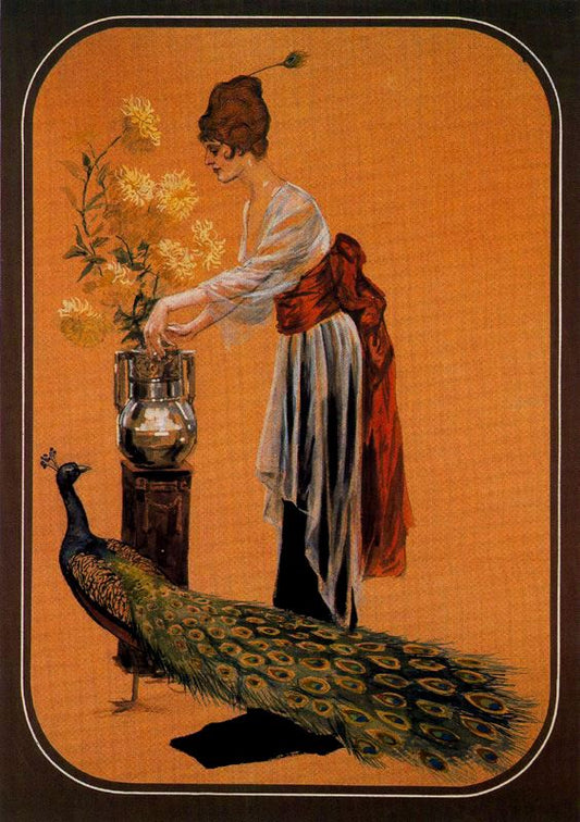Woman with Peacock, vintage artwork by Adolfo Lozano Sidro, 12x8" (A4) Poster